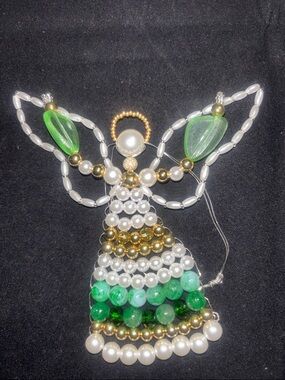 Green and White Beaded Angel Brooch with Gold Accents